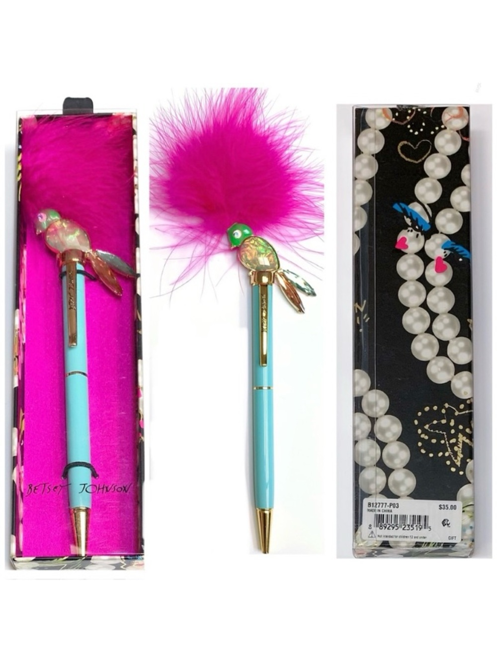 NIB Betsey Johnson💋Iridescent Stone Bird Gold Tone Glass Stone Feathery Ball Pen